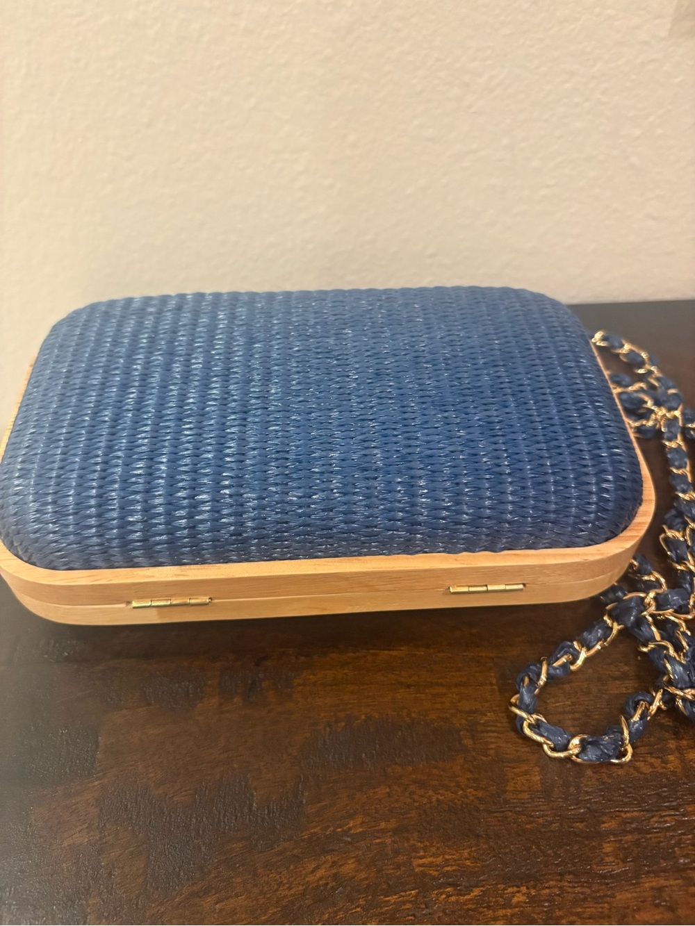 Tommy Bahama Navy Woven Box Clutch with Gold Chain - Picture 4 of 4